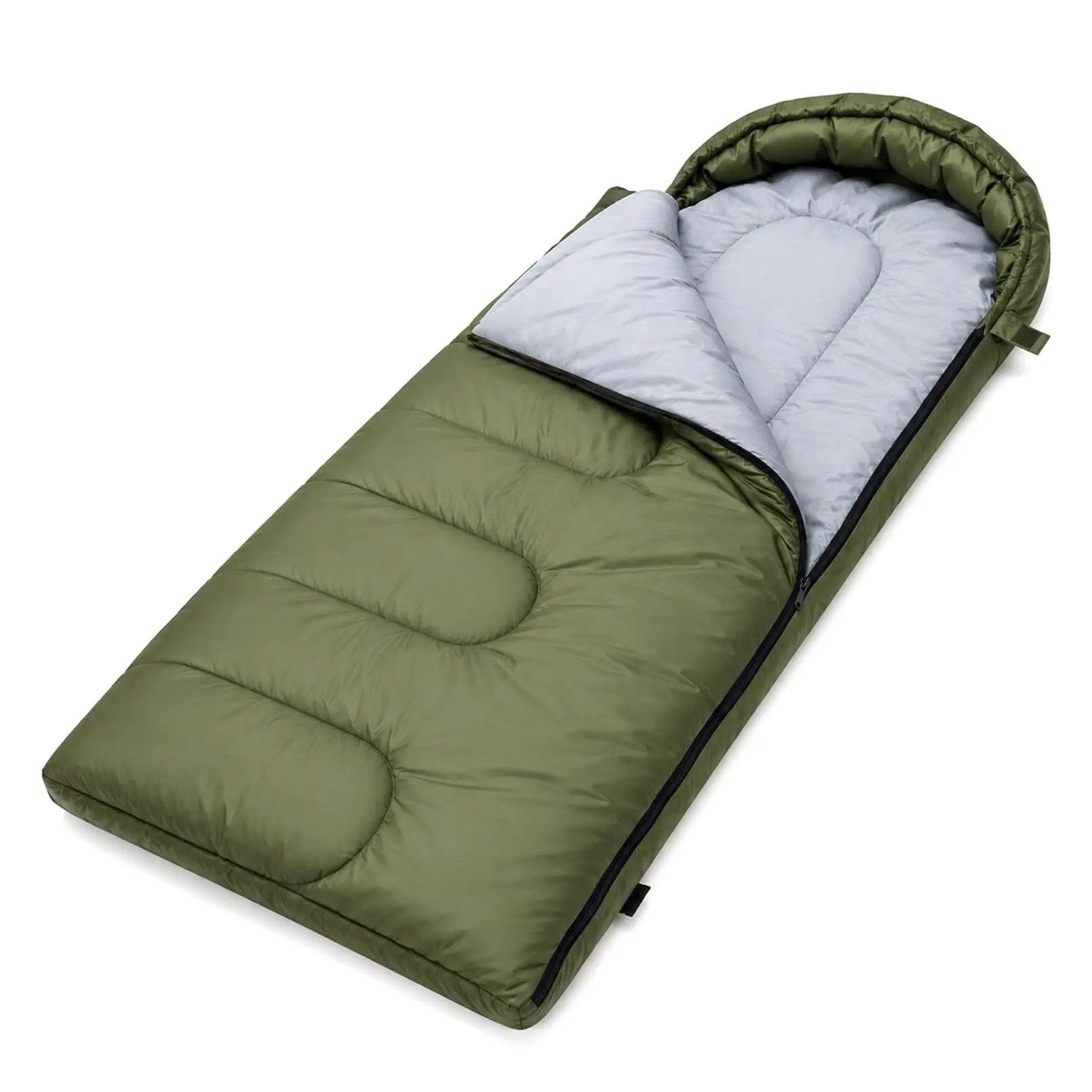Sleeping Bag for Adults 3-Season Warm Lightweight Envelope Sleeping Bag with Hood, Water-Resistant & Fluffy Fill for Camping, Hiking, 74 X 66 Inches, Army Green
