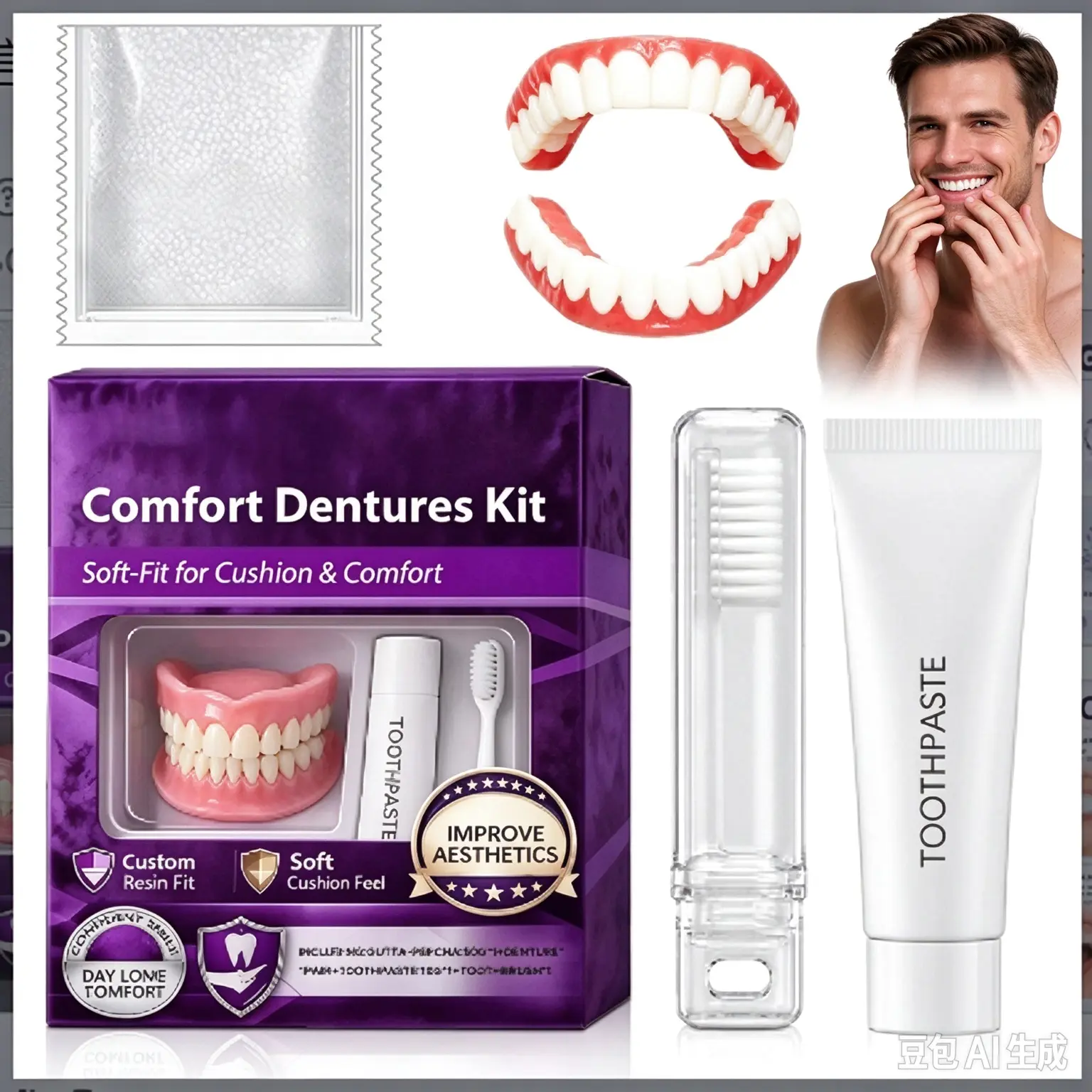 Temporary False Teeth Kit, Heat Moldable Custom Fit Upper Lower Dentures for Tooth Gap Repair
