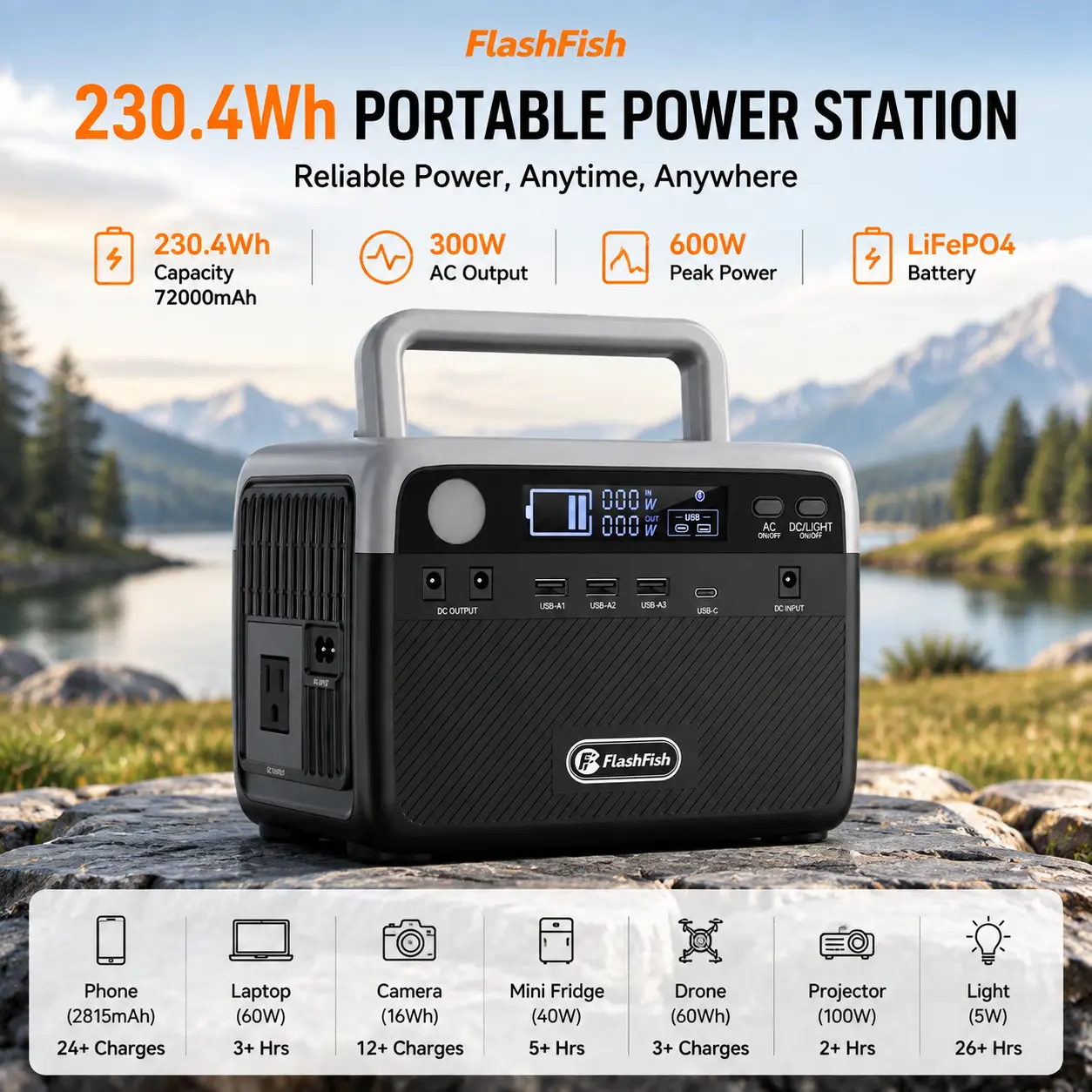 Flashfish LiFePO4 Portable Power Station, 230.4Wh 300W (Peak 600W) Solar Generator with AC Outlets, Battery Backup for Hurricane Emergencies, Outdoor Camping