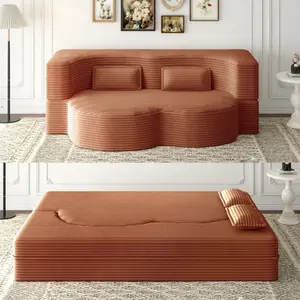 Modern Floor Sofa with 2 Pillows,Convertible Plush Corduroy Foam-Filled Sleeper Sofa Bed,15" Full Size Folding Mattress for Living Room,Guest Bed,no assembly required,Orange， Chaise Modular Deep Seating Sofa,Premium High-Density Foam & Plush C#Summervibes