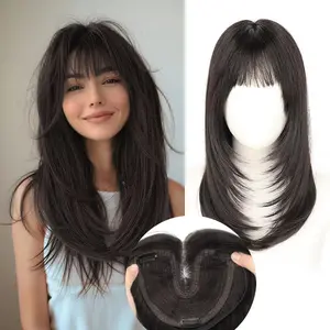 [ AISI HAIR ] Hair Topper for Women Clip in Bangs – 18 Inch Medium Length Straight 360° Full Coverage Dark Brown,Synthetic Natural Looking Piece for Thinning Hair，Layered Wiglet Adds Volume and Natural Coverage