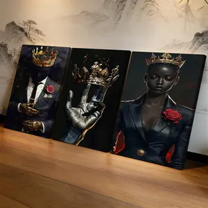 3 Counts Wooden Framed Canvas Painting, Golden Crown Black Royal Portrait Images, Exquisite Poster, Perfect Living Room Decoration, Modern Art, Fashion Family Poster, Wall Art Decoration, Waterproof Art