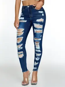 Women's Destroyed Distressed Skinny Jeans, High Waist Stretch Denim Pants with Multi-Layer Ripped Details for Casual and Streetwear