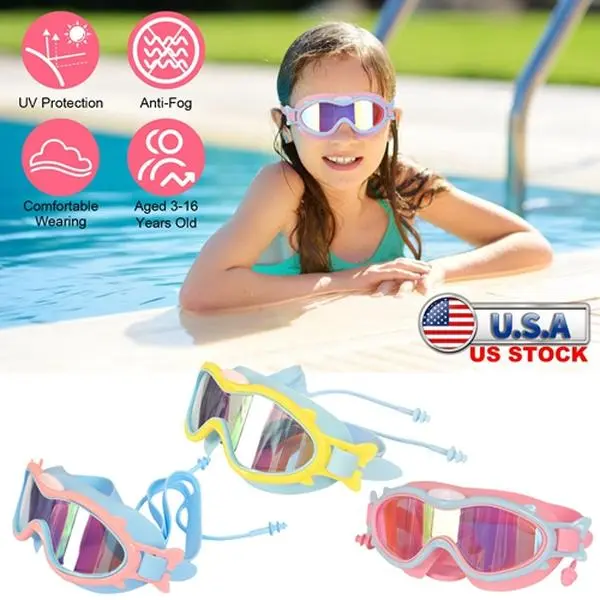 Waterproof Sealed Silicone Swim Goggles for Children Ages 3-16, Anti-Fog & UV Protection Wide View Lenses with Ear Plugs, Blue-Pink Rim, Youth, Blue-Pinkrim, Blue_yellowrim, Leak Proof, No