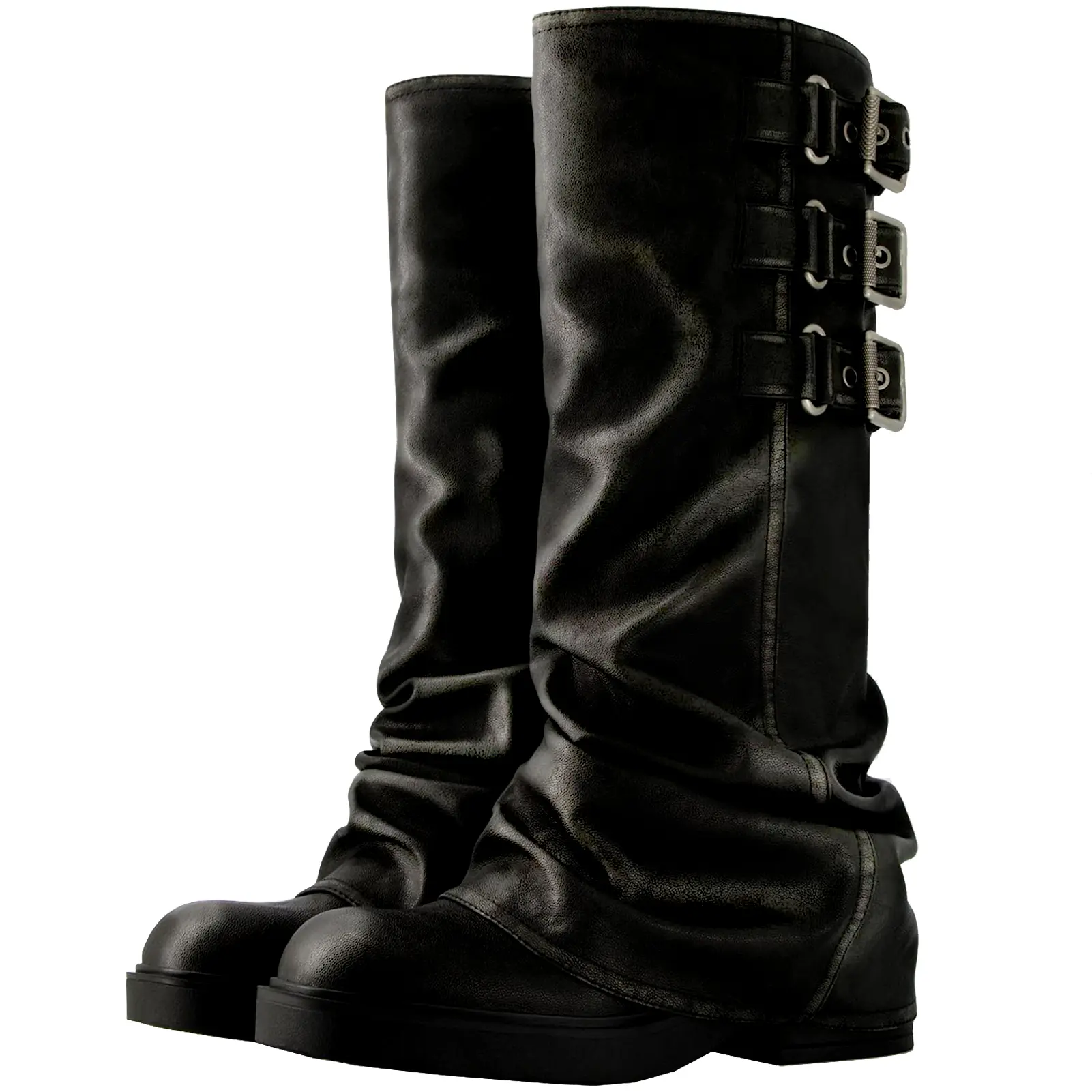 Women Slouchy Knee High Boots Casual Round Toe Pull On Riding Biker Boots Fold Over Chunky Low Heel Platform Boot Hook design
