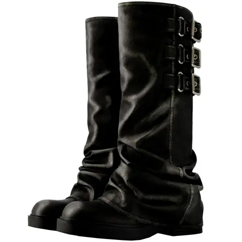 Women's Gothic Classic Leather Riding Boots - 5cm Chunky Heel Thick-Soled Platform, Hook-And-Loop Fastening, Pull-On, Slouchy Design, Soft Fabric Footwear, Walking Shoes