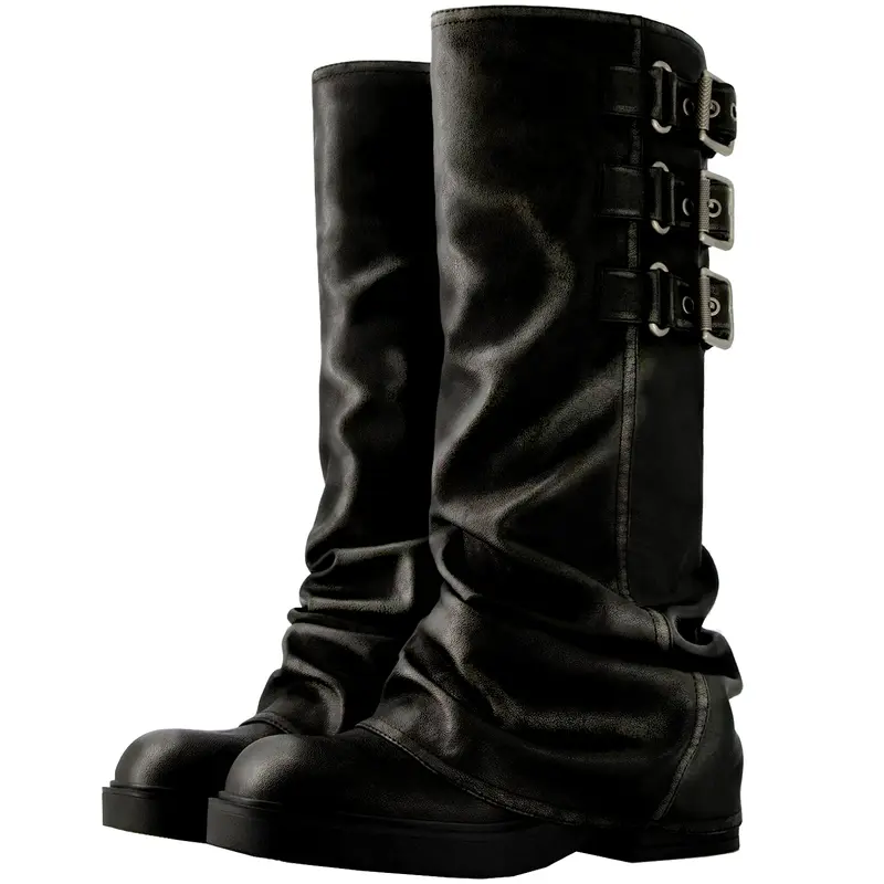 Women's Gothic Classic Leather Riding Boots - 5cm Chunky Heel Thick-Soled Platform, Hook-And-Loop Fastening, Pull-On, Slouchy Design, Soft Fabric Footwear, Walking Shoes