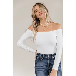 Ampersand Bodysuit Off the Shoulder Long Sleeve Crew Top, White