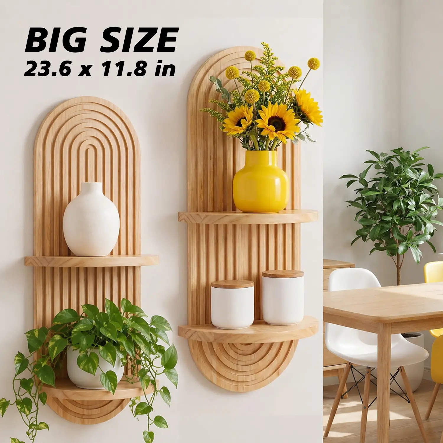 2 Pack Boho Wall Shelves with Arched Wooden Design Mid Century Modern Decor Plant Shelf Double Floating Shelves for Home Living Room Bathroom Bedroom