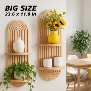 2 Pack Boho Wall Shelves with Arched Wooden Design Mid Century Modern Decor Plant Shelf Double Floating Shelves for Home Living Room Bathroom Bedroom outdoorfun