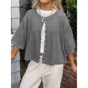Women Fashion Cardigan Solid Color Buttons Front Elbow Sleeve Sweater Fall Casual Soft Knit Coat