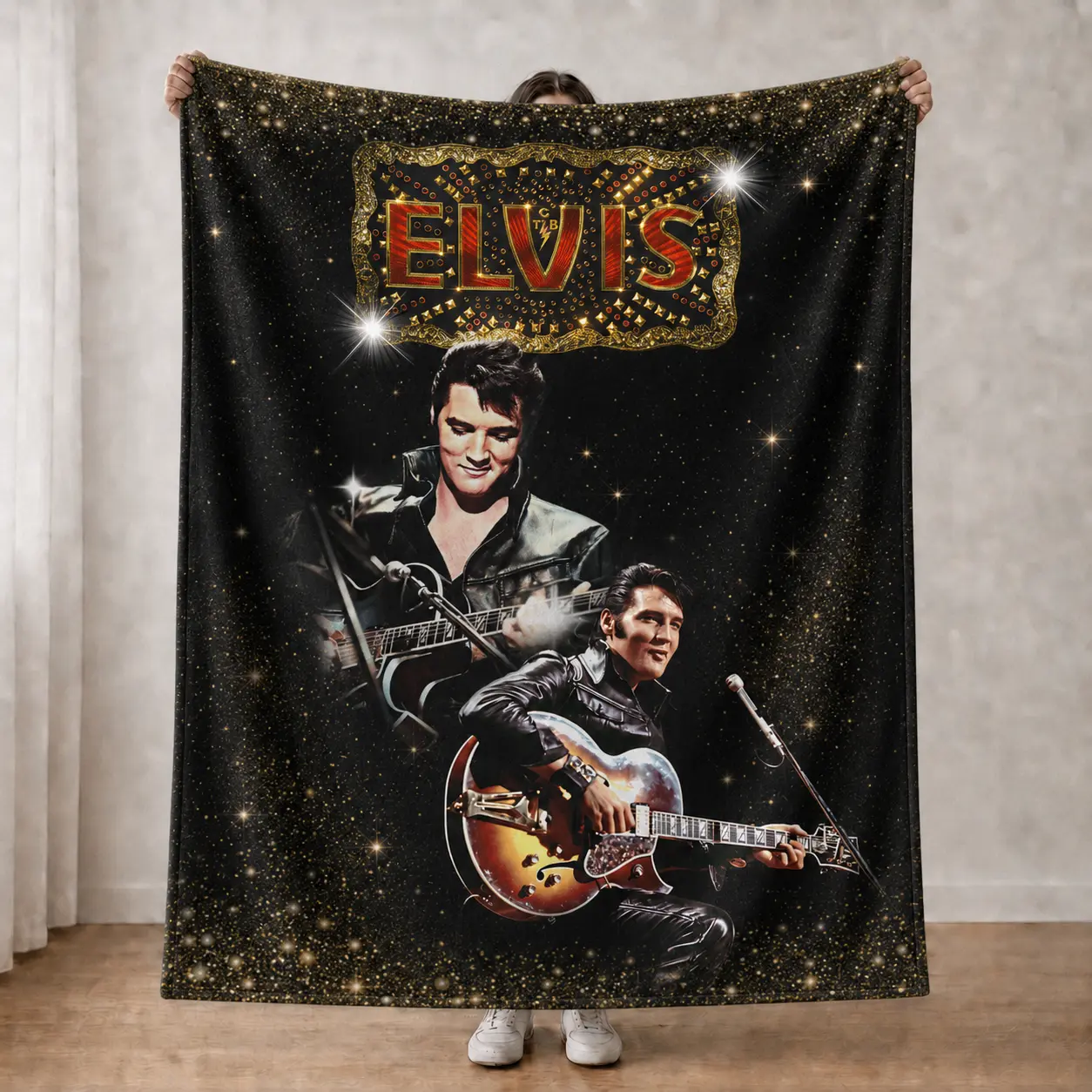 Retro Rock Music Throw Blanket, Black Gold Guitar Singer Fleece Blanket, Vintage Concert Style Gift