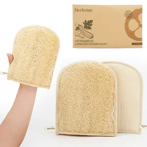 Herbvian Vietnamese Natural Loofah Gloves, Exfoliating Body Scrubber Mitts with Thumb Holes, for Men & Women, Shower & Bath (Pack of 2)