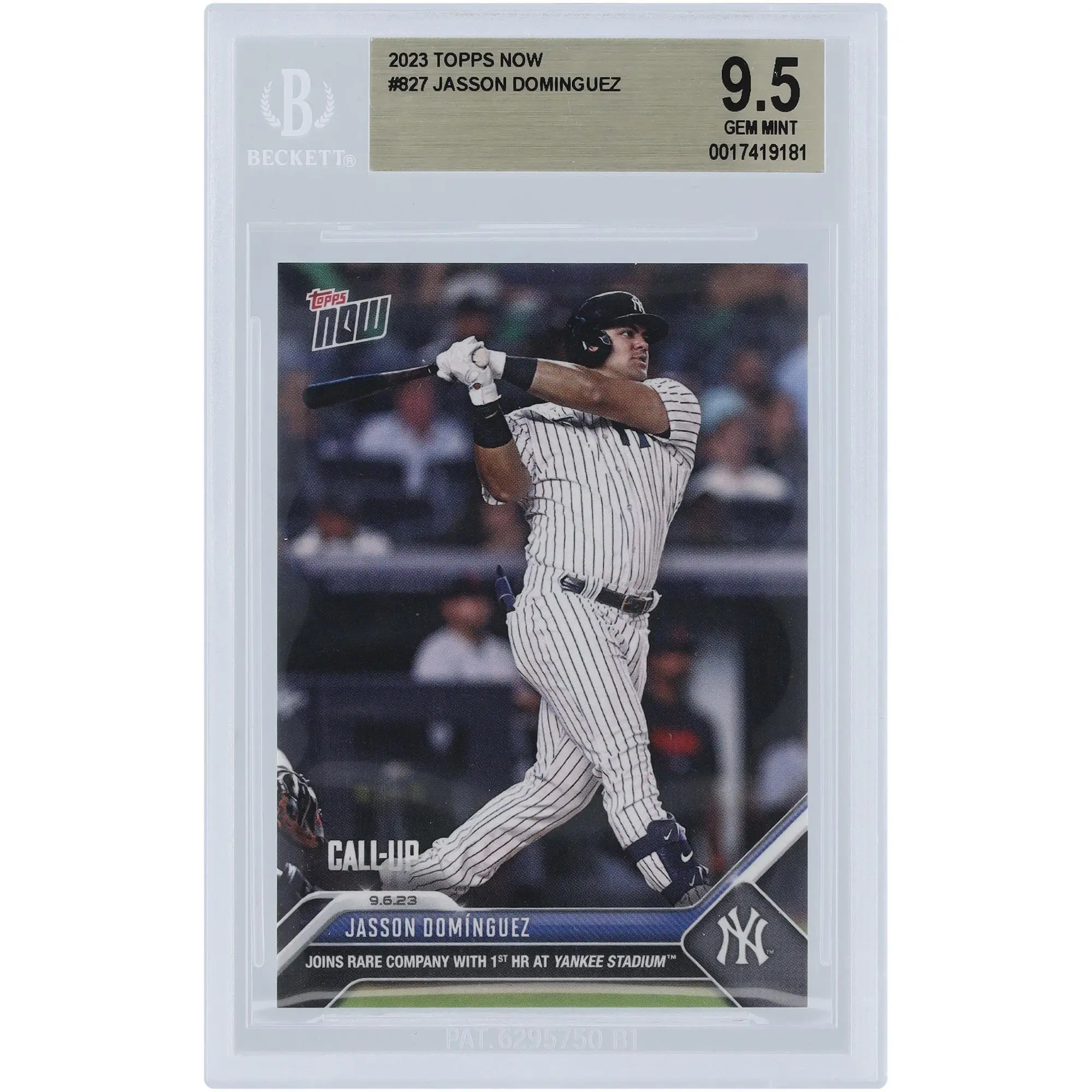 Jasson Dominguez New York Yankees 2023 Topps Now 1st HR at Yankee Stadium #827 BGS Authenticated 9.5 Rookie Card
