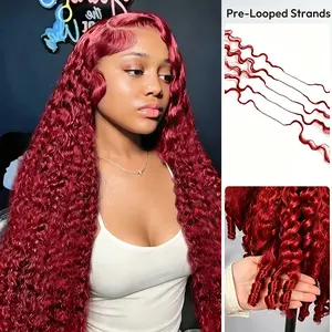[New Color 99J] Burgundy   Human Hair Bundles 99J Burgundy Feather Crochet Hair 100% Humrman Hair Buese  Human Crochet Hair For Women 250g Pre-Separated Feather Crochet burmese curly