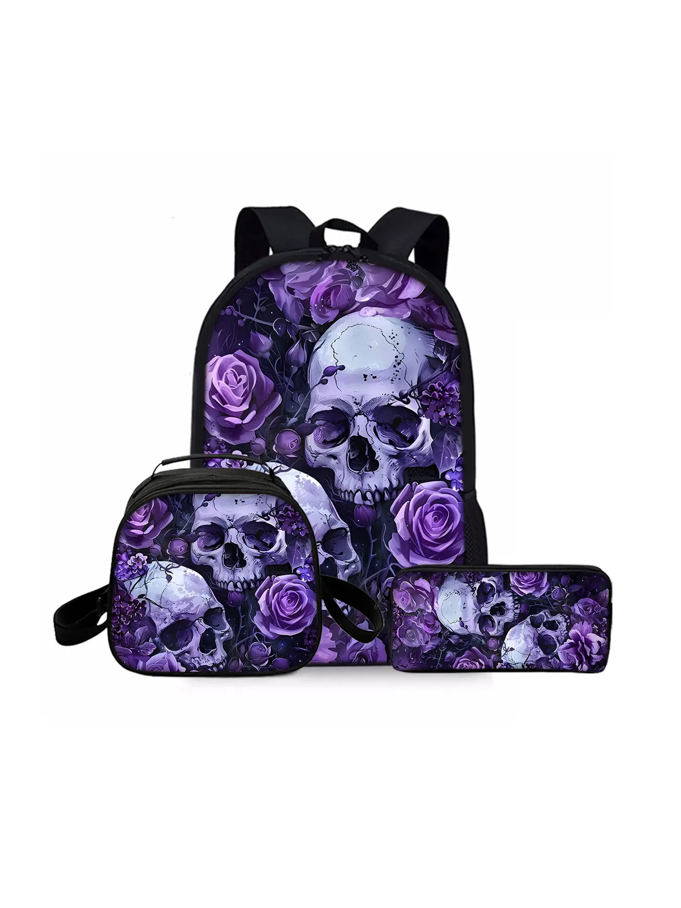Skull pattern printed 17-inch backpack three-piece set (single-layer backpack + round lunch bag with shoulder strap + single-layer pencil case) School backpack Backpack for School