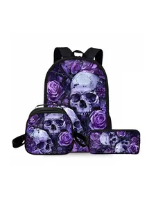Skull pattern printed 17-inch backpack three-piece set (single-layer backpack + round lunch bag with shoulder strap + single-layer pencil case) School backpack