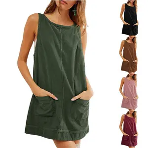 Women’s Corduroy pinafore mini dress with round neck, A-line jumper design, and pockets