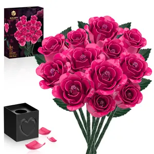 BUILDIFY Everlasting Pink Rose Bouquet Building Blocks DIY Educational Toy for Girls Creative Assembly Set Romantic Heart Box Included Vibrant Gift Faux Crafting Decorative Plants