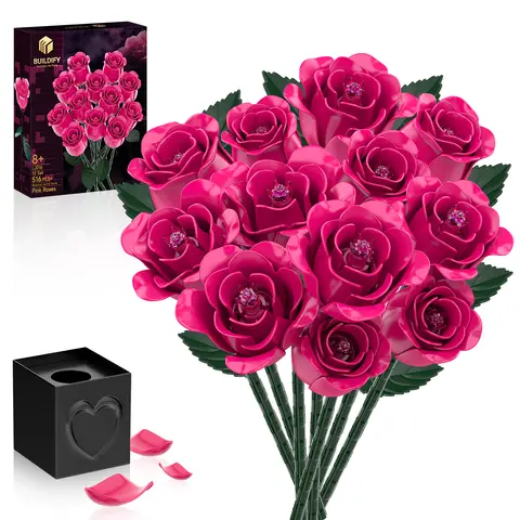 BUILDIFY Everlasting Pink Rose Bouquet Building Blocks DIY Educational Toy for Girls Creative Assembly Set Romantic Heart Box Included Vibrant Gift Faux Crafting Decorative Plants