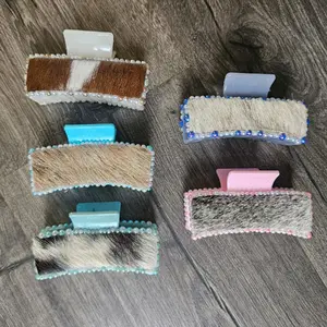 Cowhide Claw Clips with Beaded Border