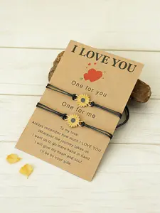 Couple Sunflower Bracelet Set with Love Card Gift, Adjustable Wax Cord Romantic Couple Jewelry, 2 Piece Set for Him and Her, Flower Design Bracelet