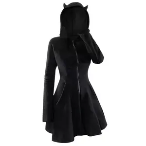 Women'sPatchworkGothicHoodedLongSleevePleucheCatEarSlimDressDressplusSizeWomen'sHoodedDressShirt