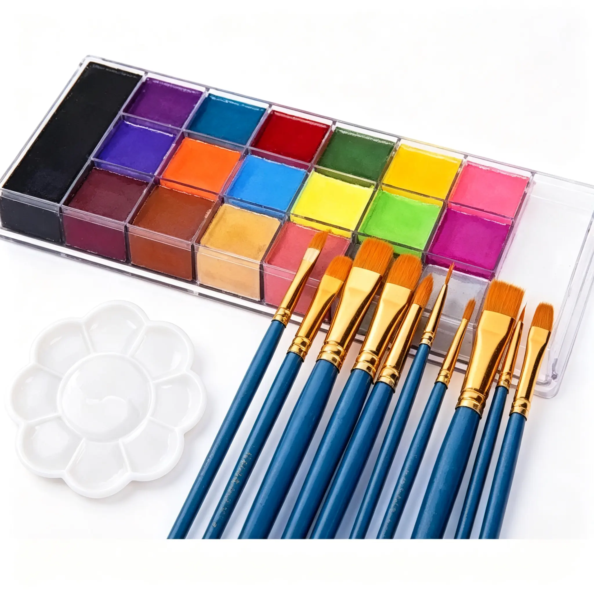 Professional Face & Body Paint Set with Athena Painting Palette, 10 Artist Brushes, Large Deep Pans for Halloween Cosplay, SFX Stage Makeup