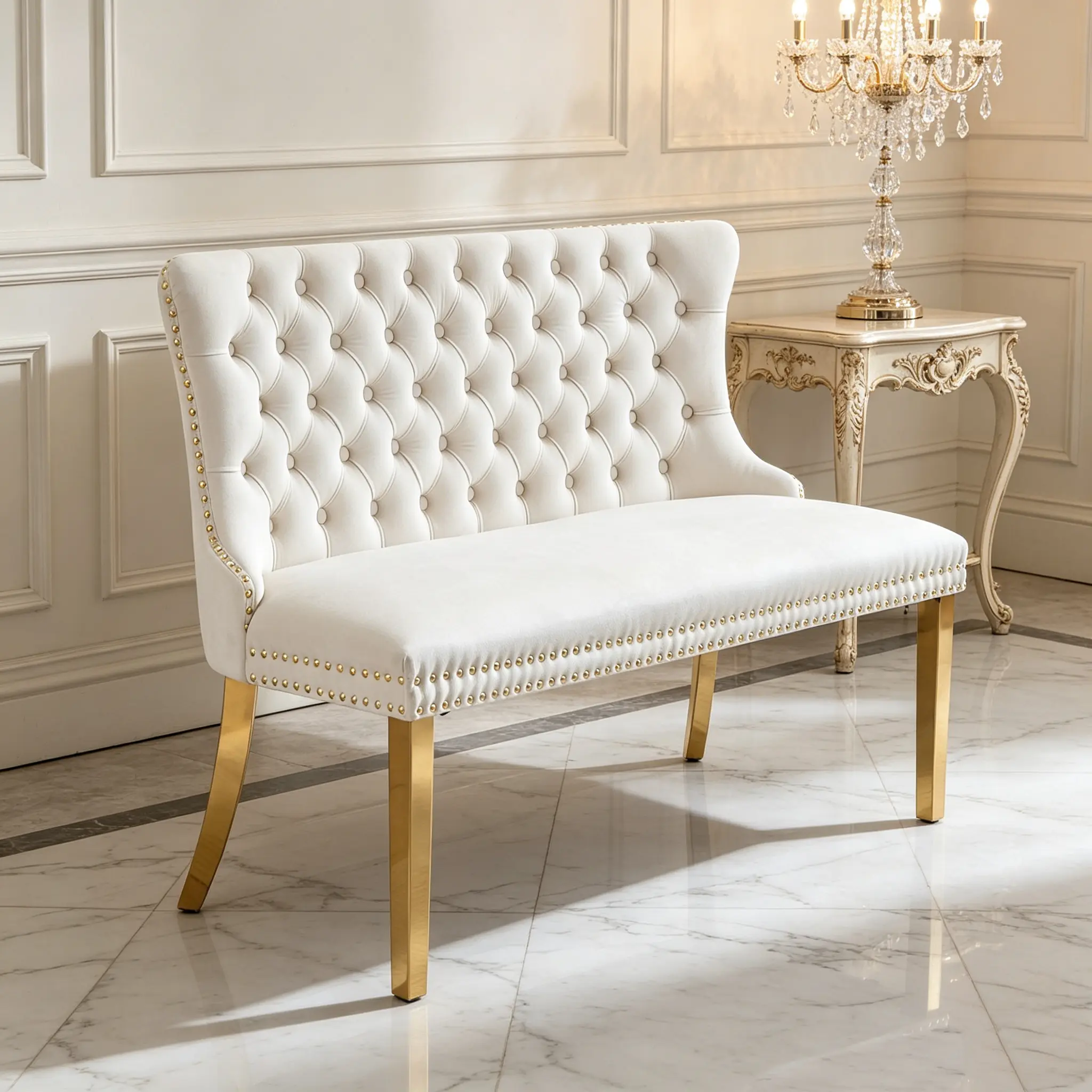 Velvet Tufted Loveseat Bench 2-Seat Mid Century Modern Dining Bench for Small Space Coffee Corner Beige Affordable Exceptional Support Sturdy Legs Wingback Design No Wobbling Or Sinking Over Time