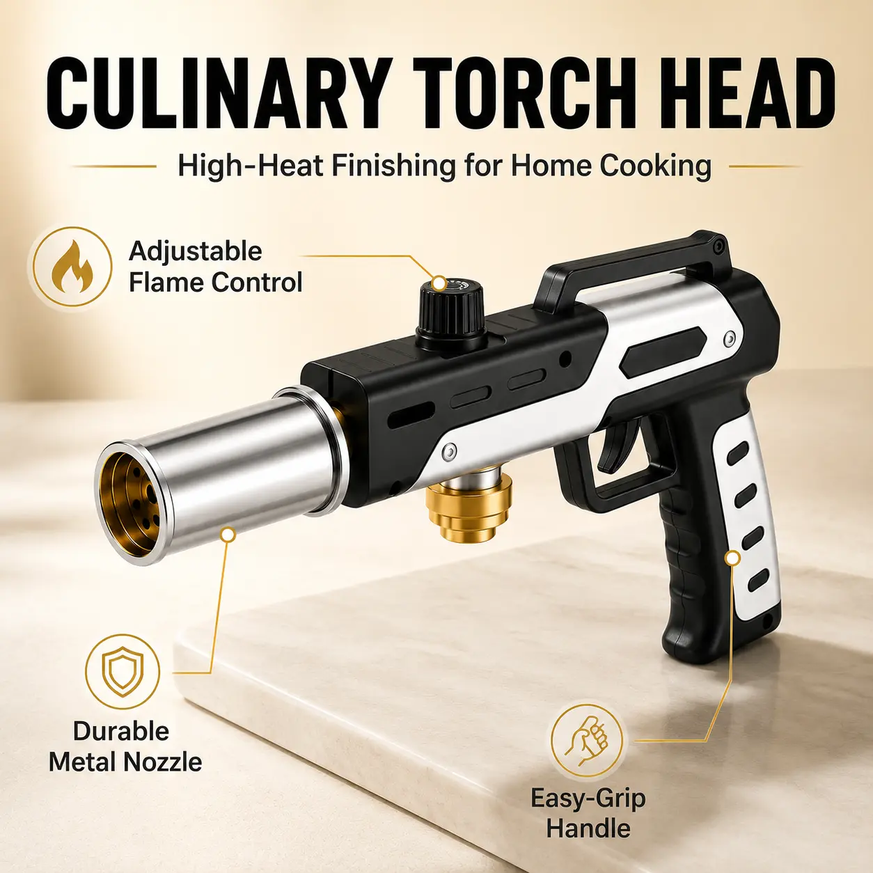 Handheld Heavy Duty Multi-Functional Butane Torch Gun with Adjustable Flame, Metal Nozzle, Stainless Steel Portable Gas Torch for Bakeware Caramelizing, BBQ