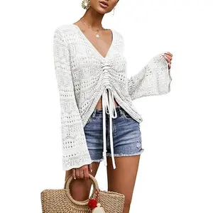 Imily Bela Womens Boho Off Shoulder Sheer Crop Tops Bell Sleeve Flowy Oversized Crochet Ruched Pullover Sweaters Womenswear Knitwear