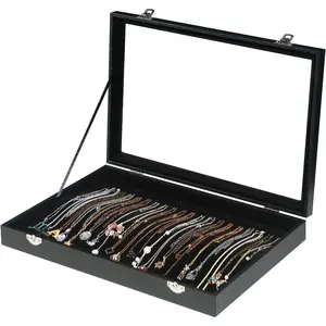 20 Hooks Necklace Organizer Jewelry Box, Dustproof Necklace Display Holder Case, Black Velvet Necklace Display Tray Case with Transparent Glass Lid for Home Use or Store Selling Show