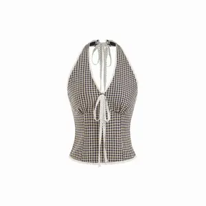 Cider Gingham Halter Neck Lace Trim Bowknot Slim Crop Top SwimWeek
