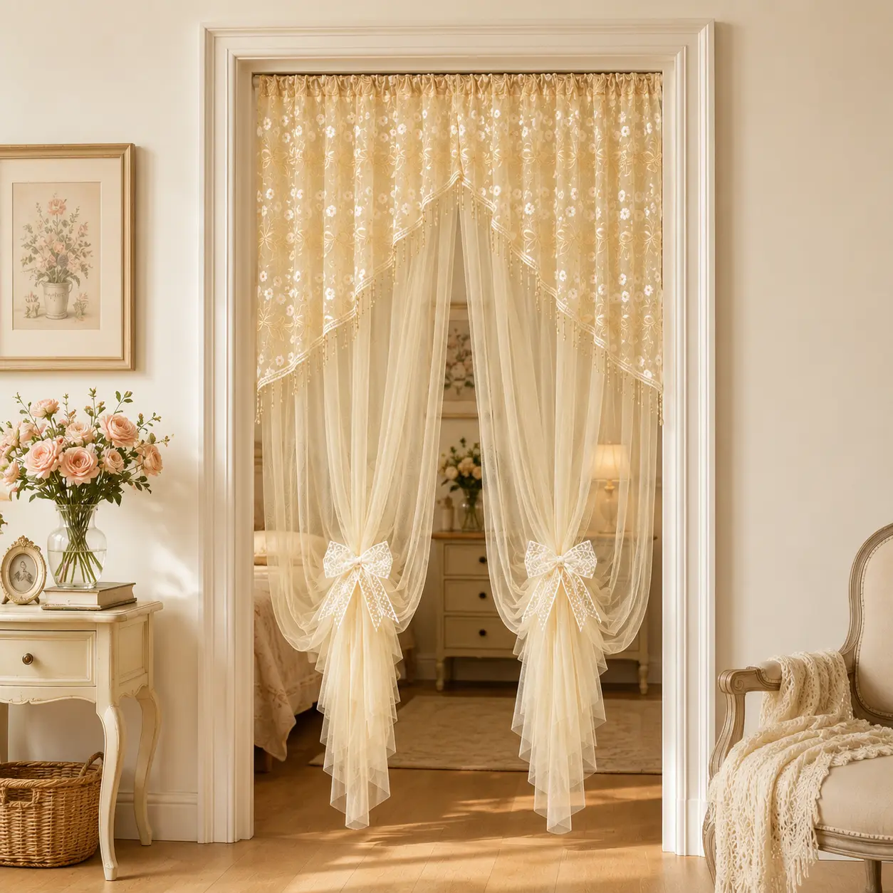 Romantic lace curtain—a sheer curtain with floral embroidery and bow-adorned straps, perfect for rustic-style rooms that let in light, such as bedrooms, entryways, closets, and kitchens (rod not included)