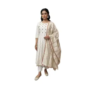 Ivory Printed Kurthi with Contrast-Trim Shawl/Dupatta – Set of 2