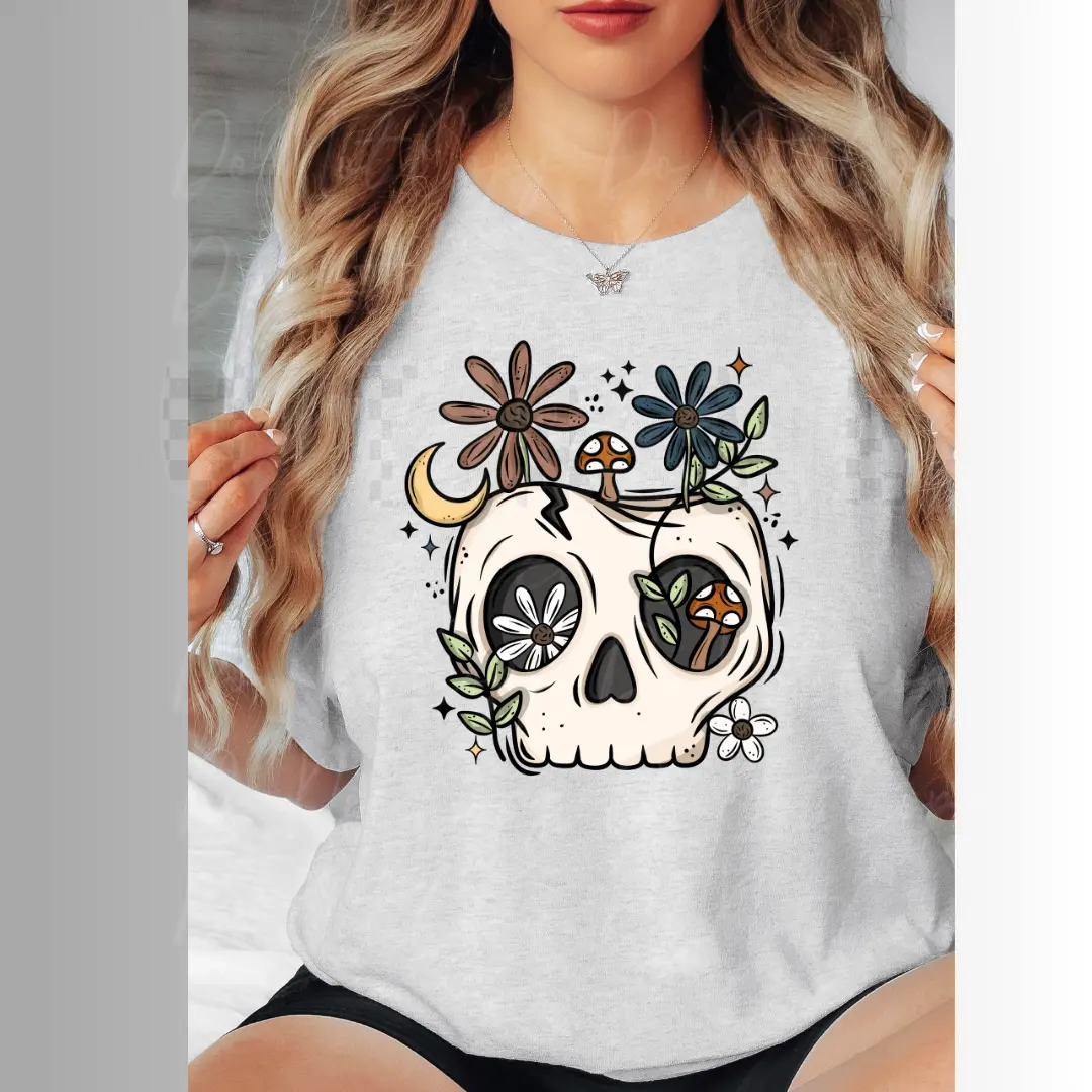 Skull Cute Simple Flowers Womens Graphic T-Shirt