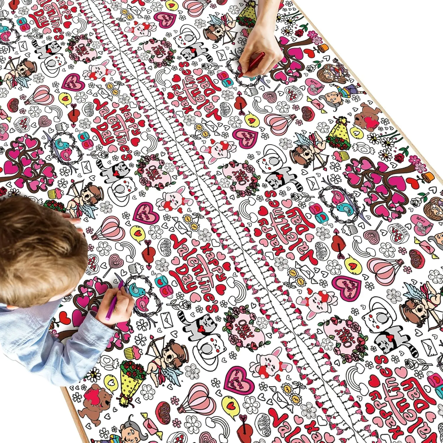 New Deal - Valentines Coloring Tablecloth 54x88 Inches Romantic Hearts Cupids Roses Love Notes Kids Crafts Party Favors Classroom School Valentine Backdrop Safe Durable White Kraft Paper