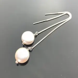 White Freshwater Coin Pearl Threader Earrings · 925 Sterling Silver Dangle Ear Threads · Bridal Jewelry · Gift for Her