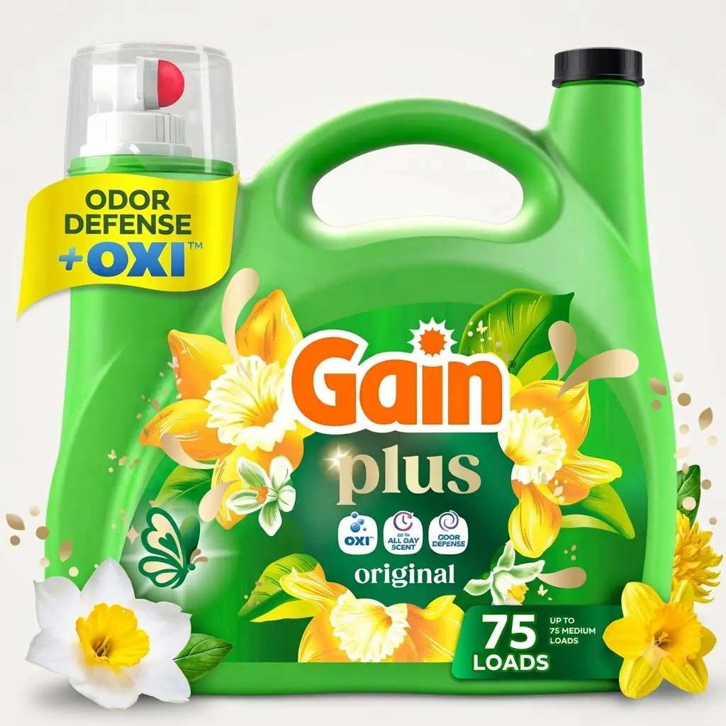 Gain Plus Laundry Detergent Liquid Odor Defense OXI Original Scent 99 fl oz 75 Loads Soft Elastic Breathable Material