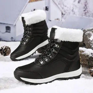 Women's Winter Snow Boots Waterproof Leather Faux Fur Lined Lace Up Ankle Booties Black Casual Warm Lightweight Anti-Slip Rubber Outsole Padded Soft Stylish Walking Shoes for Snowy Days Footwear