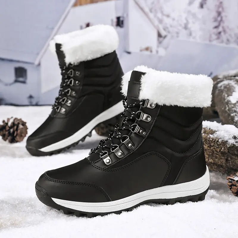Women's Winter Snow Boots Waterproof Leather Faux Fur Lined Lace Up Ankle Booties Black Casual Warm Lightweight Anti-Slip Rubber Outsole Padded Soft Stylish Walking Shoes for Snowy Days Footwear