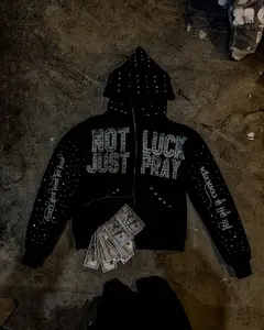 Retro black street-style sweatshirt with rhinestone letters, open-front hooded design, unisex—suitable for both men and women, hip-hop avant-garde Y2K streetwear; Mother’s Day and Easter gift