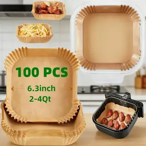 Kitchen Must-Have, 100 Pcs 6.3" Square Disposable Air Fryer Liners, Non-Stick Waterproof Oilproof, Food Grade Parchment Paper, Oven Microwave Safe, Bakeware