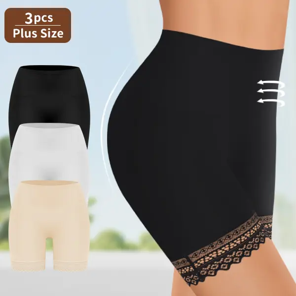 3-Pack Plus Size Slip Shorts for Women, High-Waisted Stretch Under Dress Shorts with Lace Trim, Mid-Thigh Coverage in Black, White and Beige