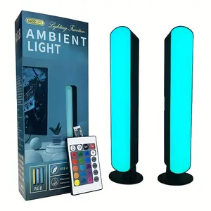 Modern RGB LED Ambient Light Bar 1/2 Pack, Geometric Pattern, Polished Metal End, USB Powered, Remote Control, Room Color Changing Table Lamp, TV Backlight, Gaming, Party Decoration - Includes Non-Rechargeable Button Battery