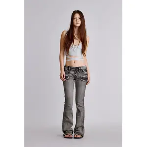 rr Women's Flower Embroidered Denim Boot Cut Jeans - Super Low Waist Moto Flare Fit Bottoms, Women's Gray Low Waist Jeans Clothes