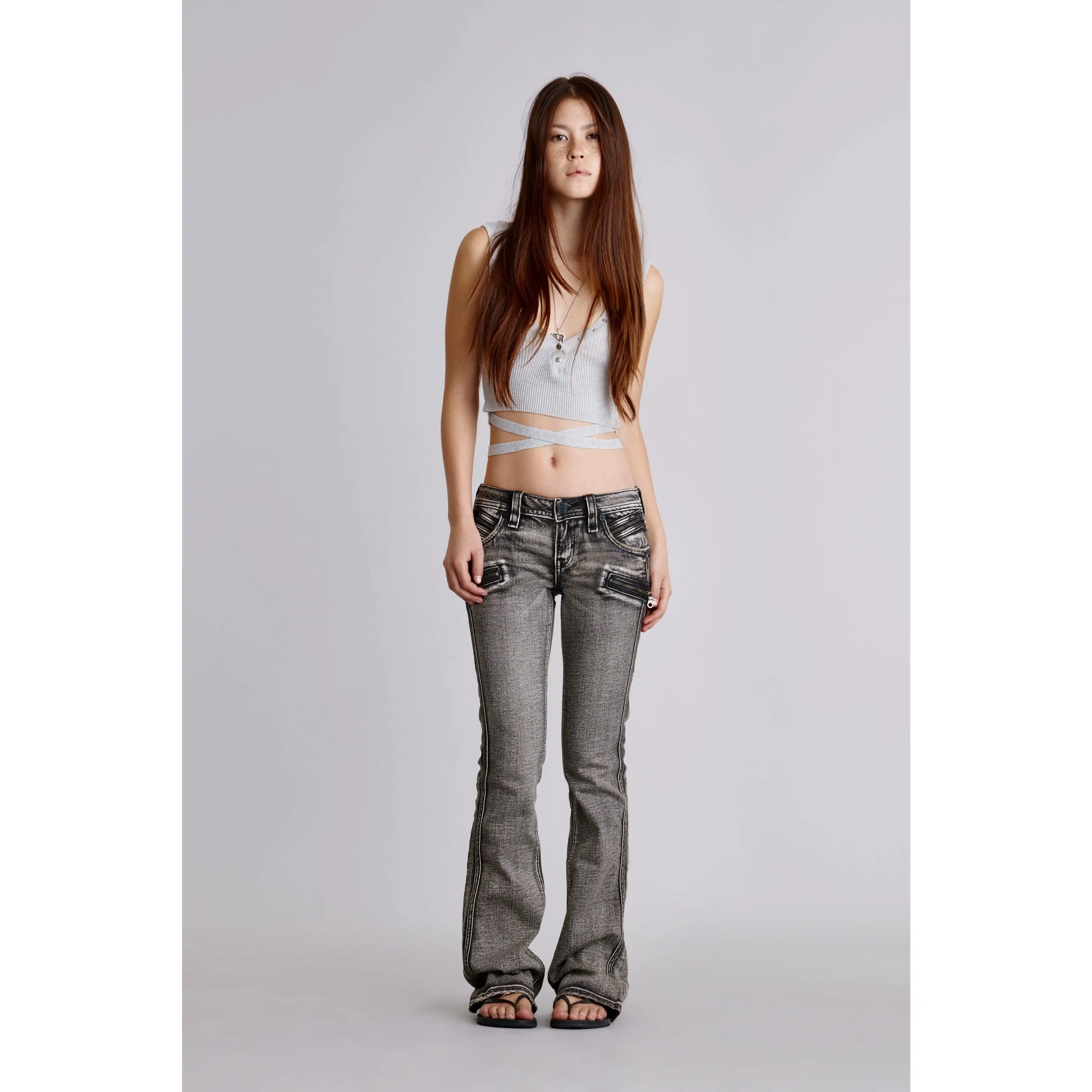 Rock Revival Kamil Super Low-Rise Moto Women's Flower Embroidered Denim Boot Cut Jeans - Super Low Waist Moto Flare Fit Bottoms, Women's Gray Low Waist Jeans Clothes