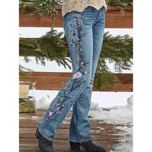 Women’s floral embroidery denim pants — fashionable, casual, comfortable, loose, stretchy jeans for daily wear; ladies’ bottoms for spring and fall