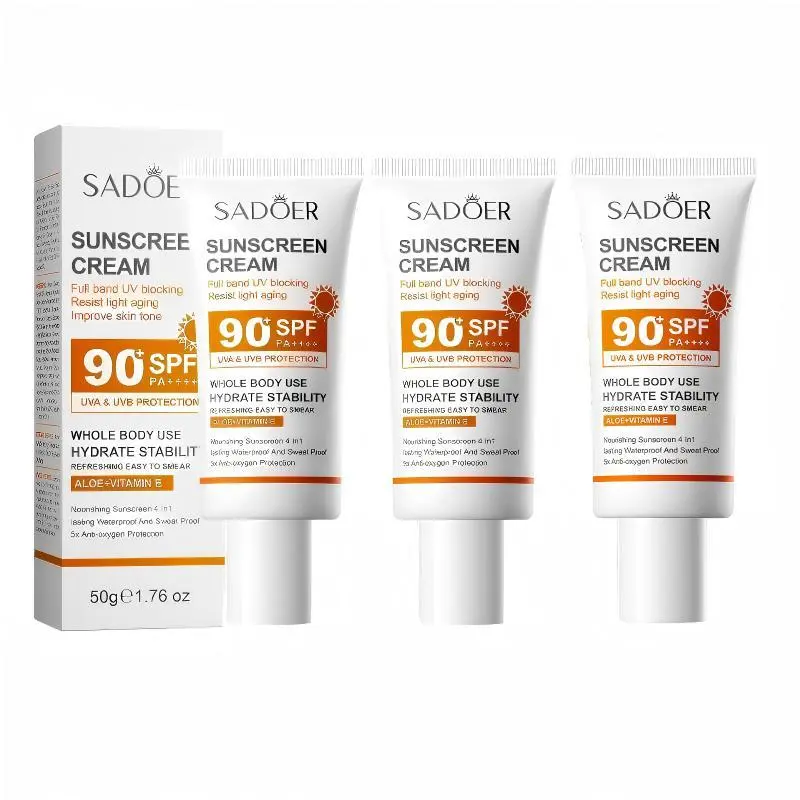 3 Pack Broad Spectrum SPF 90+ Sunscreen Cream - UVA/UVB Protection, Gentle, Water & Sweat Resistant, Water Proof, Lightweight Non-Greasy Face & Body Lotion with Aloe Vera & Vitamin E, Daily Defense, Practical Gift for Girlfriend