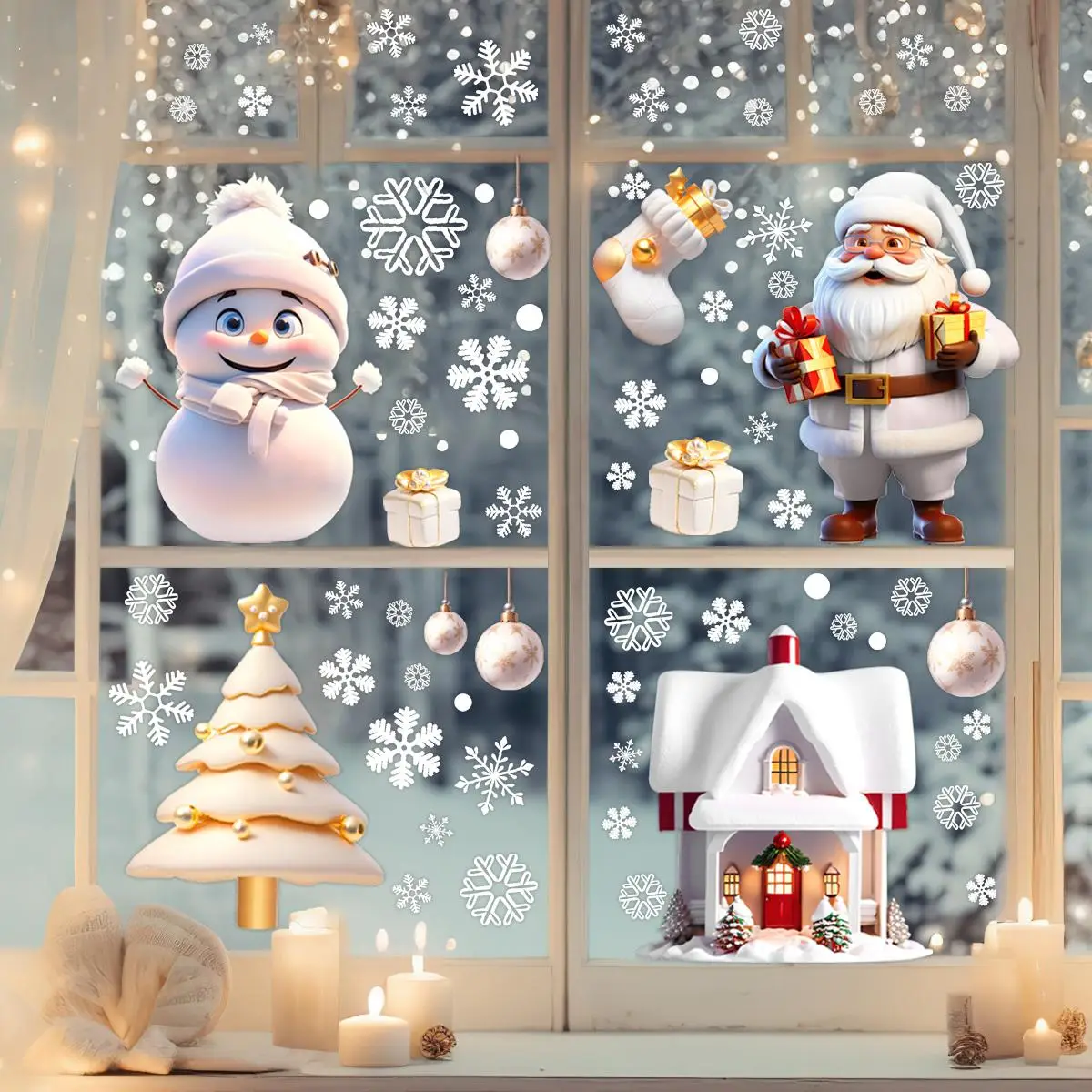 3D Window Sticker, 1 Set Snowman & Reindeer & Snowflake Pattern Static Cling Window Decal, Holiday Decoration Supplies for Home Party School